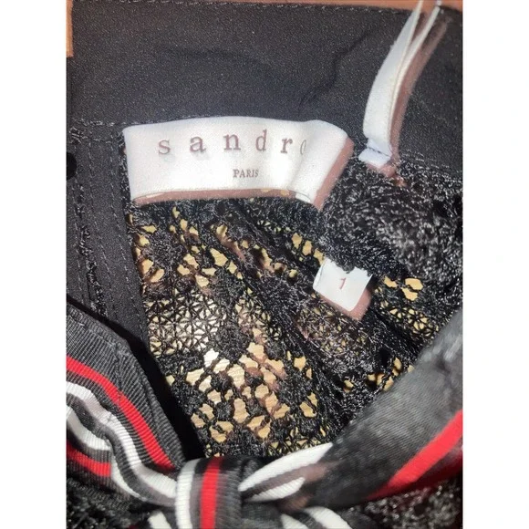 Sandro Dress Fidele Tie Neck Lace Mini Dress Line Black‎ Size 1 Small - Picture 4 of 9